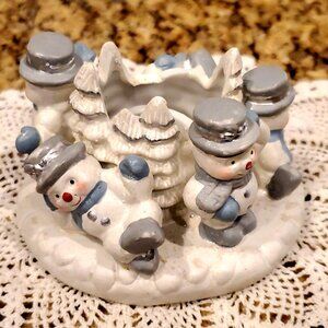 Ceramic Snowmen Pillar Candle Holder ~ 5 Cute Snowmen Circled around Center